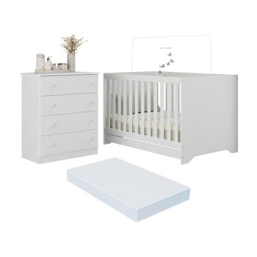 Imagem de Berço Americano 3 Em 1 Com Colchão Incluso E Cômoda 4 Gavetas Encanto Multimóveis MP4699 Branco