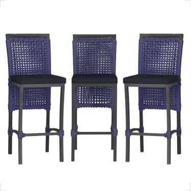 Imagem de 3 Banqueta Em Alumínio Roma Preta Corda Náutica Tecido 12 Azul