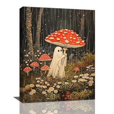 Imagem de Olivine Arte de parede de cogumelo, decoração de parede de imagens de fantasmas de Halloween, impressões de pintura de natureza boho, arte emoldurada para banheiro, quarto, sala de estar, escritório