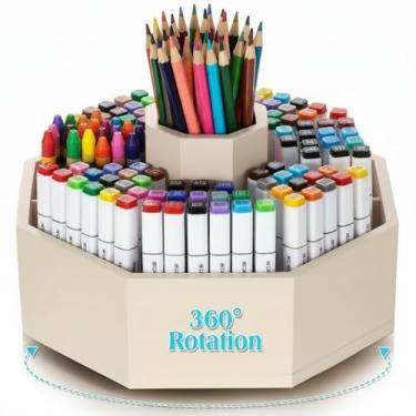 Imagem de Fiwochic Porta-lápis giratório de bambu, organizador de artigos de arte, mesa giratória de 360°, canetas pastel, organizador para armazenamento de mesa, giz de cera, canetas marcadoras, lápis de cor