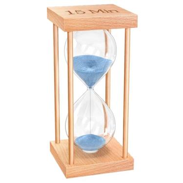 Imagem de ABXKZ Temporizador de areia de 15 minutos, temporizador de ampulheta pequeno de madeira de 15 minutos, relógio de areia azul, vidro de hora de madeira para sala de aula, ampulheta, decoração de casa