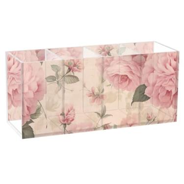 Imagem de TSENQUE Lindo porta-canetas de mesa, vintage, rosa, estampado, acrílico, pincel de maquiagem, porta-copos, organizador de escritório personalizado para mesa