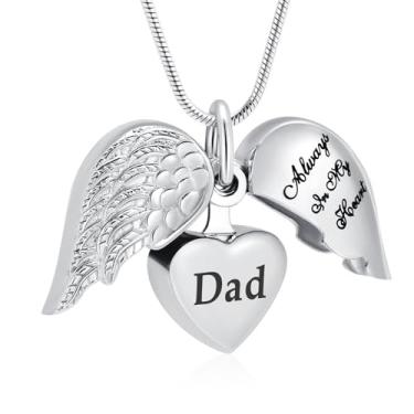 Imagem de Hearbeingt Joias de cremação para cinzas para pai/mãe, família, asa de anjo, colares, urna de coração para cinzas para mulheres Always in My Heart Memorial Ashes Lockets, One size, Aço inoxidável, Sem