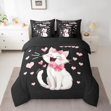 Imagem de jejeloiu Jogo de cama solteiro com estampa de gato, estampa de animal fofo, para meninos, meninas, adolescentes, terra preta, 7 peças