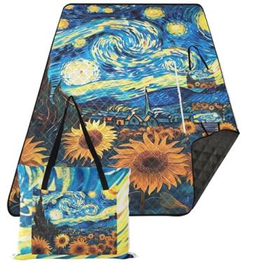 Imagem de TSENQUE Girassóis noite estrelada cobertor de praia grande impermeável, tapetes de grama floral para acampamento, cobertor de piquenique fofo, dobrável, 203 cm x 152 cm