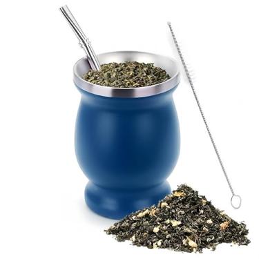 Imagem de FAMKX Copo de Erva Mate de 227 g com canudo Bombillas e escova de limpeza, caneca de cabaça de viagem de parede dupla de aço inoxidável, (azul)