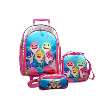 Imagem de Mochila Baby Shark Rosa Rodinhas Lancheira Estojo Kit