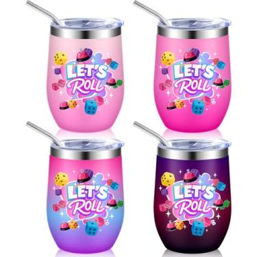 Imagem de Geiserailie Pacote com 4 copos Bunco de aço inoxidável 340 g Lets Roll Caneca de viagem reutilizável com tampa e canudos para mulheres jogadoras Artigos de festa de Natal Bunco Presentes de