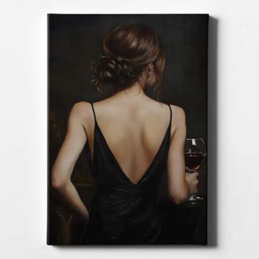 Imagem de Arte de parede vintage silhueta de mulher pinturas vinho tinto carrinho de bar tela vintage mulheres imagens modernas moda pôster preto silhueta imagem quarto menina pintura estética escura pôster