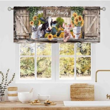 Imagem de Valência de fazenda, animais de fazenda rústica, galo, porco, vaca, girassol, rural, rural, varão, bolso para varão, cortinas de janela pequenas sobre a pia para cozinha, café, sala de estar, quarto