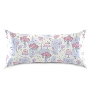 Imagem de Wassud Fronha de cetim para cabelo e pele com estampa de rosas de lavanda para cabelo e pele, capas de travesseiro respiráveis tamanho king size com fecho de envelope