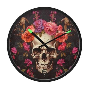 Imagem de SEHANY Relógio artístico de parede de caveira silencioso, sem tique-taque, relógio redondo operado por bateria, controle de som, luz noturna, relógios de parede para sala de estar, cozinha, quarto