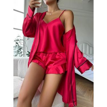 Imagem de Conjunto De Pijama Feminino De Cetim 3 Peças: Camisola, Shorts E Robe 