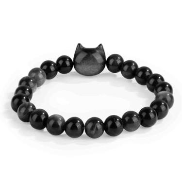 Imagem de Pulseira de gato, pulseira de obsidiana preta natural de 0,8 cm, pulseira com contas de gato, joias para gatos da sorte, riqueza, prosperidade, contas de boa sorte, suprimentos de decoração para