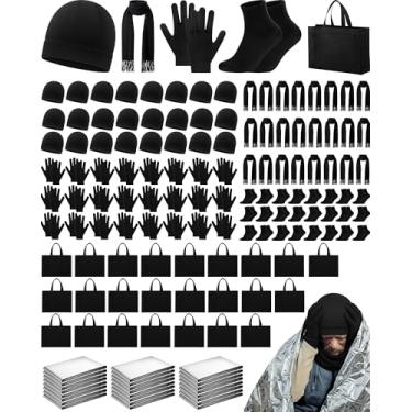 Imagem de 144 peças de suprimentos de pacote de cuidados para sem-teto gorro de inverno a granel cobertores de emergência meias luvas cachecol saco para doação unissex