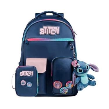 Imagem de Kit Mochila Escolar Feminina Stitch Azul e Estojo Box Feminino Grande 