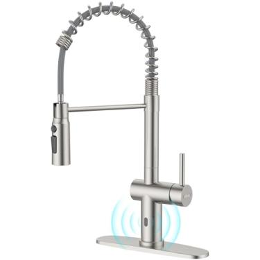 Imagem de Torneira de cozinha sem toque com pulverizador de puxar para baixo, torneira de cozinha automática ativada com sensor de movimento Appaso sem as mãos, induzindo torneiras inteligentes de alça única para pia de cozinha, níquel escovado inoxidável