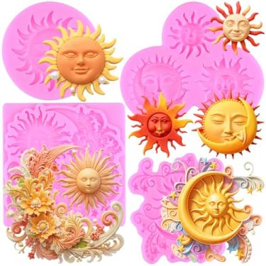 Imagem de MIYAHOUSE Moldes de fondant Sun Face Moldes de silicone para decoração de bolos, topo de cupcake, pasta de goma de chocolate, argila de polímero, conjunto de 4