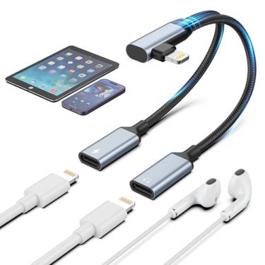 Imagem de [Certificado Apple MFi] Adaptador Lightning para 2 Lightning de ângulo reto, AUX de iluminação dupla + adaptador de carregador divisor de cabo dongle compatível com iPhone 14/13/12/11/SE/X/XR/XS/8/7/6