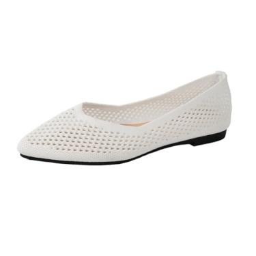 Imagem de Mocassins femininos de verão leves de boca rasa, sapatos rasos preguiçosos, sapatos de trabalho casuais, de malha respirável, tênis confortável para mulheres, Branco, 35