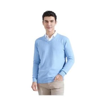 Imagem de Suéter Masculino De Malha Em Mistura De Cashmere E Algodão Com Decote 