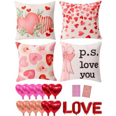 Imagem de Multiwins Conjunto de 4 capas de almofada dupla face para decoração de dia dos namorados 40,6 cm x 40,6 cm, reversíveis 8 designs, com 16 peças de balões de coração e amor, adesivos, kit completo de