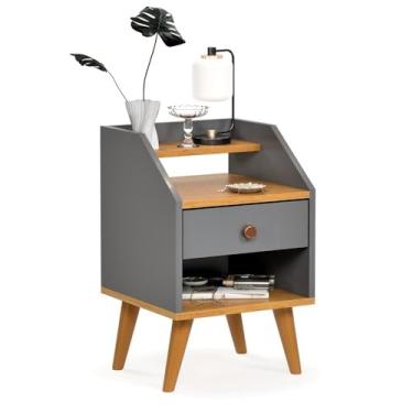 Imagem de Mesa de Cabeceira para Quarto com Pés Retrô Criado Mudo 1 Gaveta com Nicho e Prateleira(DAKOTA - CINZA/FREIJÓ)