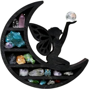 Imagem de Prateleira de lua de madeira para exibição de cristais, prateleira de fada de madeira rústica para cristais, exibição de cristal grande montada na parede de 35,5 cm (fada da lua)