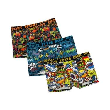 Imagem de Cuecas Boxer Masculinas 3 Peças Com Estampa De Grafite E Desenho Anima
