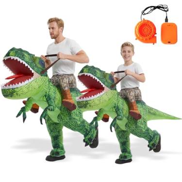 Imagem de Capoda Conjunto de 2 fantasias infláveis de dinossauro de equitação T Rex com soprador embutido, divertido, temática de dinossauro, cosplay, festas temáticas, adequado para adultos, aniversário, Dia