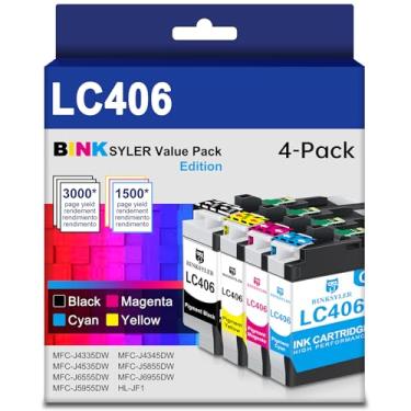 Imagem de BINKSYLER Cartuchos de tinta LC406 BK/C/M/Y de alto rendimento para Brother LC406 LC406XL, pacote com 4