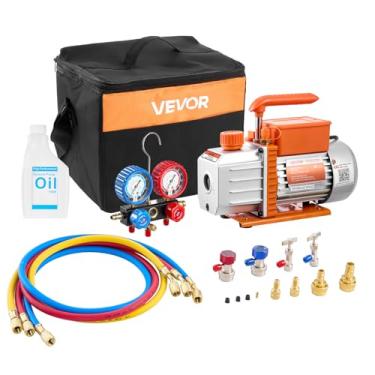 Imagem de VEVOR Conjunto de bomba e medidor de vácuo AC, 4,5 CFM 1/3 HP, bomba de vácuo HVAC de palheta rotativa de estágio único, kit de medidor de coletor A/C, para R134a R22 R410a R1234YF R32, com bolsa de