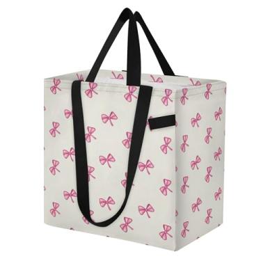 Imagem de SEHANY Sacolas de compras reutilizáveis com laço rosa fofo com alças reforçadas, bolsa de compras de lona dobrável à prova d'água de grande capacidade para viagem, cozinha, praia
