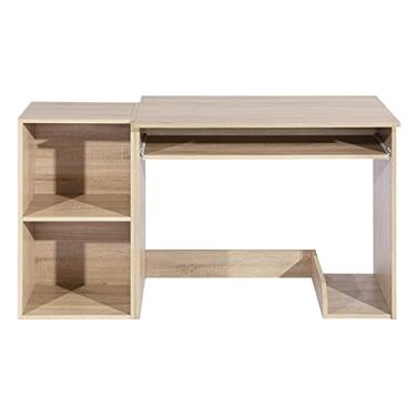 Imagem de U5GAAALPPQ9 Mesa de madeira para computador com bandeja de teclado, mesa de estudo com estante, mesa de estudo de trabalho com prateleiras de armazenamento, estação de trabalho para escritório em casa