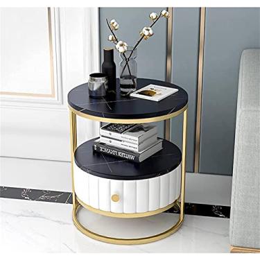 Imagem de Mesa de cabeceira do norte da Europa com 1 gaveta, simples e moderna, suporte para quarto, sala de estar, sofá, mesa lateral redonda, leve e luxuosa, pequeno armário de cabeceira, unidade de