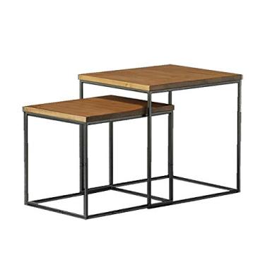 Imagem de Mesa lateral para sofá, mesa de assentamento com 2 tampos de mesa de madeira maciça, mesa de centro com moldura de metal adequada para sala de estar e quarto