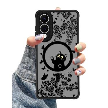 Imagem de Aitipy Capa para celular compatível com MagSafe para Samsung Galaxy S25 Edge, linda capa de telefone com design magnético de flor preta de gato preto, capa protetora de TPU macio para mulheres e