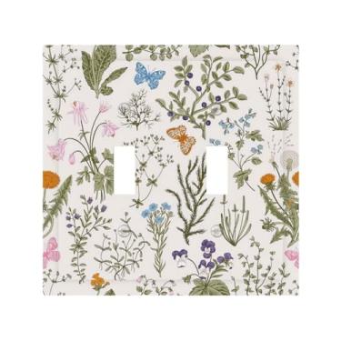 Imagem de Capa de interruptor de luz flores vintage plantas de jardim florais 2 gangues placa de parede dupla placa decorativa elétrica placa frontal para banheiro cozinha decoração de quarto 12 x 12 cm