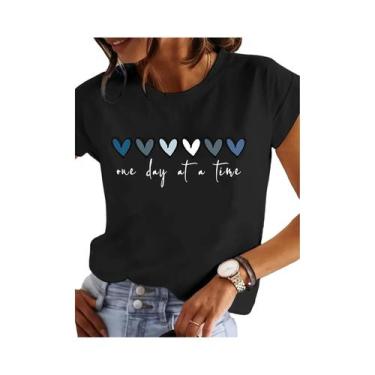 Imagem de Camiseta Casual Feminina Com Estampa De Coração, Manga Curta, Decote R