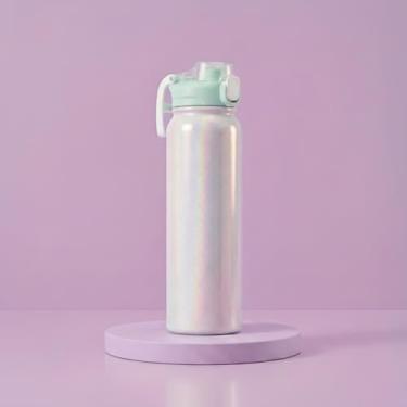 Imagem de Garrafa Térmica 900ml com Efeito Holográfico e Dupla Saída de Água | Canudo Retátil e Bico, Tampa Antivazamento e Alça (Verde)