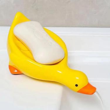 Imagem de Sabonete amarelo fofo em forma de pato com perfurações de drenagem durável bandeja de limpeza fácil decoração para pia de banheiro cozinha