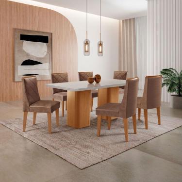 Imagem de Mesa De Jantar Eloise 180cm Tampo MDF Com Vidro 6 Cadeiras Tork Off White Naturale