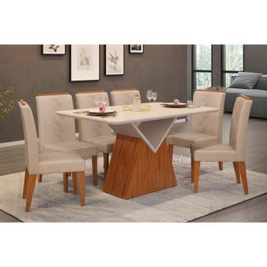 Imagem de Conjunto: Mesa Sala Jantar Argo c/ Tampo Madeirado c/ Vidro Curvo 136x90cm e 6 Cadeiras Yasmim Freijo/Off White - Suede Kraft - DJ Móveis