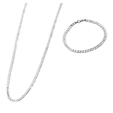 Imagem de Conjunto Cordão 60cm e Pulseira 20cm Masculino Groumet Prateado Aço Inoxidável-Masculino