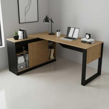 Imagem de Mesa em L Escritório 160cm x 60cm Armário Lateral c/ Porta de Correr e