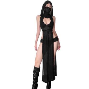 Imagem de Vestido feminino SINROYEE com fenda alta, comprido, sem mangas, preto