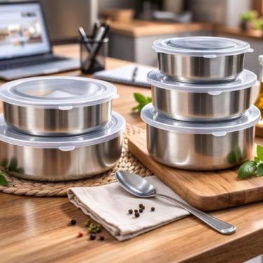 Imagem de Conjunto 5 Potes Aço Inox Hermético Redondo Tampa Vedação Tigela Bowl 