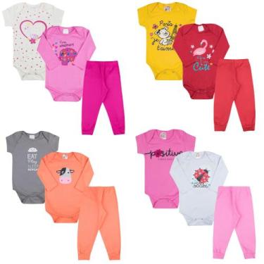 Imagem de Kit Body Bebê Estampado Manga Longa e Manga Curta com Calça Mijão 12 P