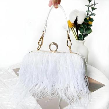 Imagem de Bolsa Clutch De Luxo Feminina Com Plumas De Avestruz Falsas E Anéis De