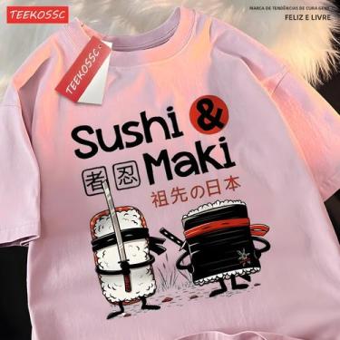 Imagem de Camiseta Unissex De Algodão Com Estampa De Sushi, Corte Solto, Tops Da